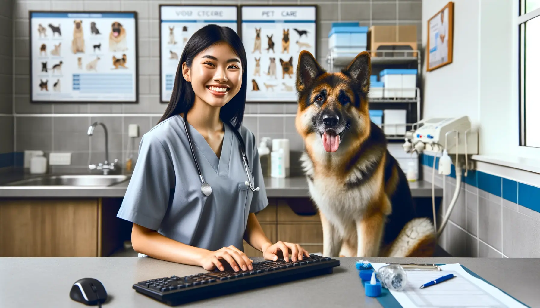Veterinary professional with happy dog in modern pet hospital setting